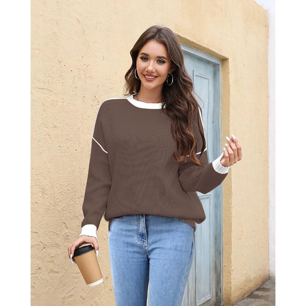 Women's Pure Coffee Oversized Winter Clothes Batwing Long Sleeve Knit Sweater - Picture 4 of 5